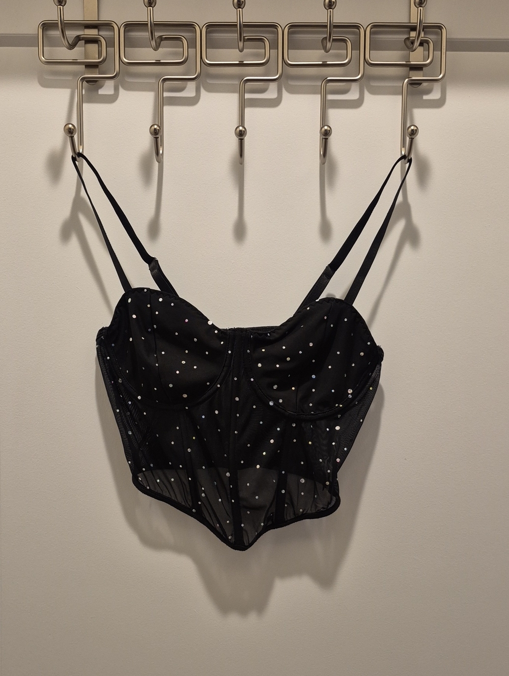 SHEIN Black Mesh Polka Dot Bustier Crop Top